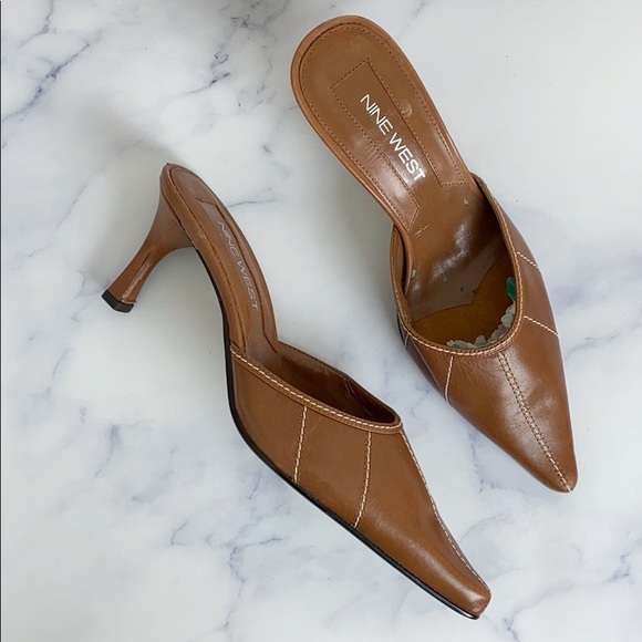 Nine West Shoes - Nine West Brown Leather Pointed Toe Mule Heels 🌿